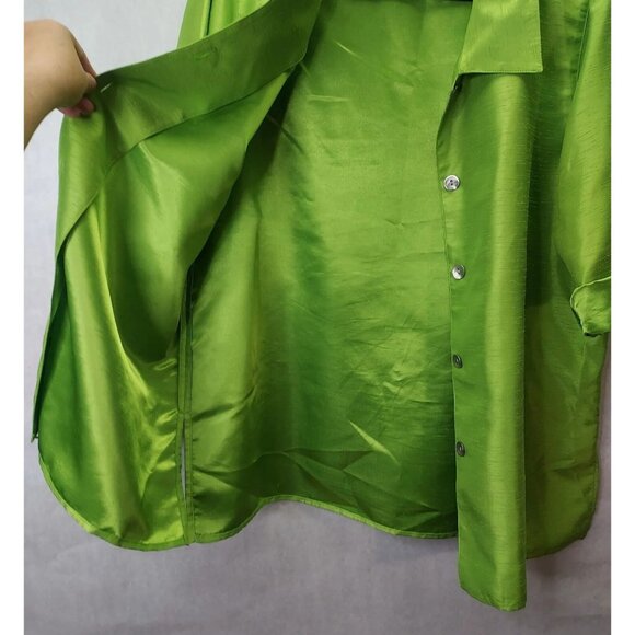 Caroline Rose Blouse Women M Iridescent Green Lagenlook Collared Roll-tab Sleeve - Picture 6 of 10